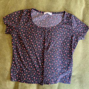 Flowered Button Down Crop Top T-Shirt Size S